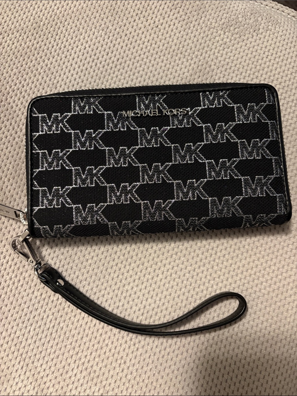 Michael Kors Black MK Monogram Zip Wristlet with Silver Accents